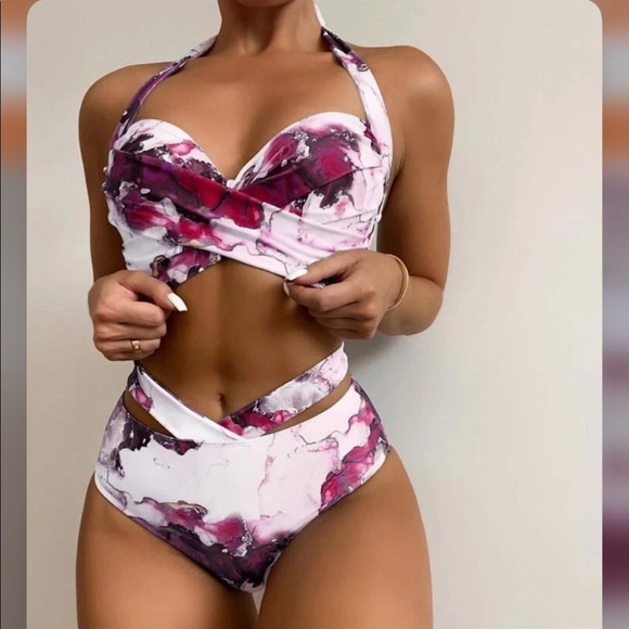 Boho Blue Pink White Tie Dye Marble Print High Waisted Twisted Halter Bikini Set - Picture 2 of 16